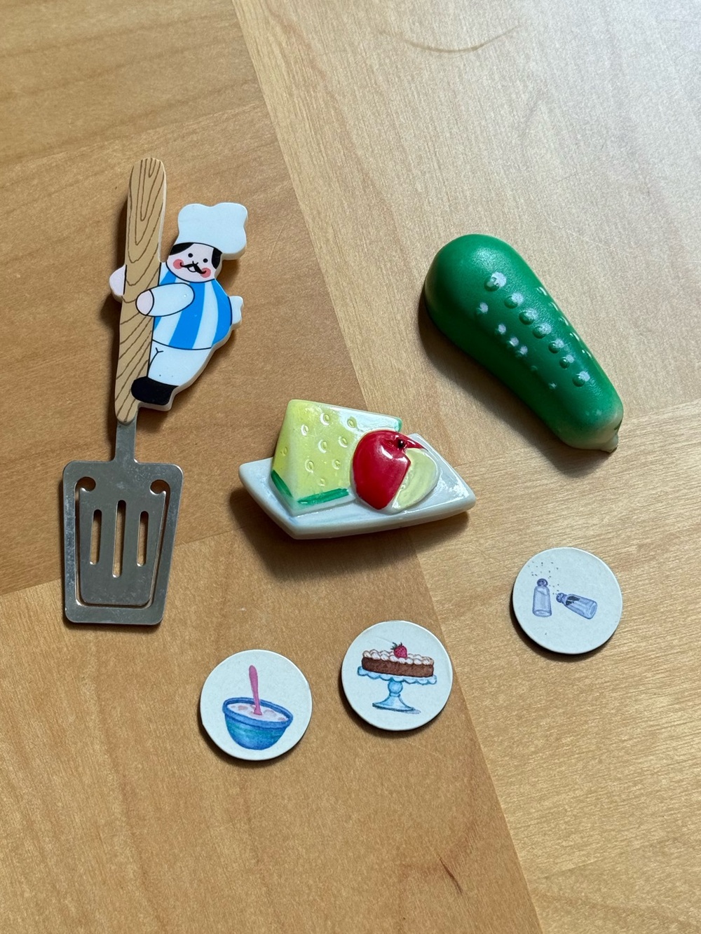 Set of 3 Vintage Fridge Food Shaped Items Pickle Apple Cheese Chef Clip Magnets